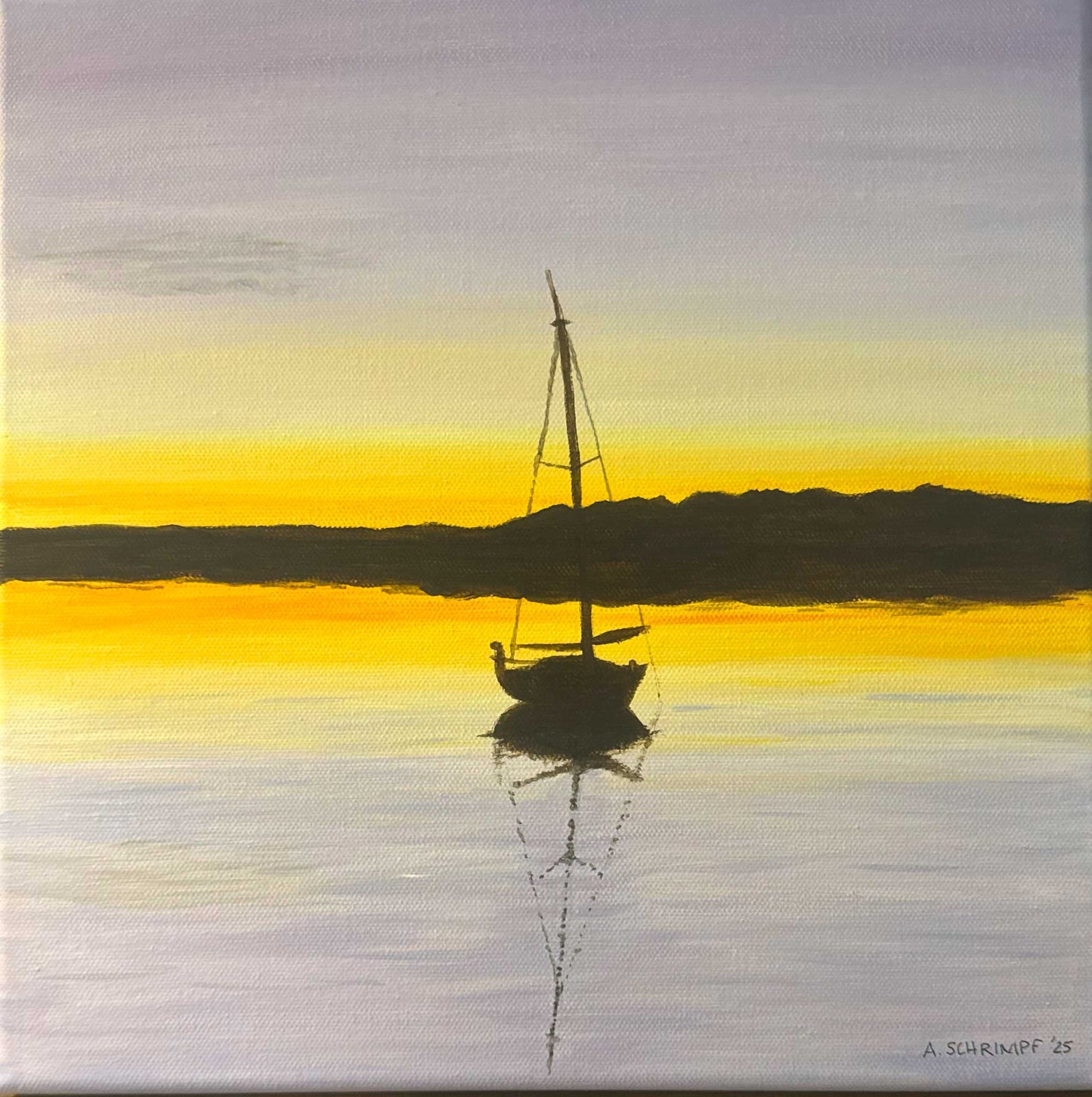 Sailboat silhouette at sunset with reflection on water