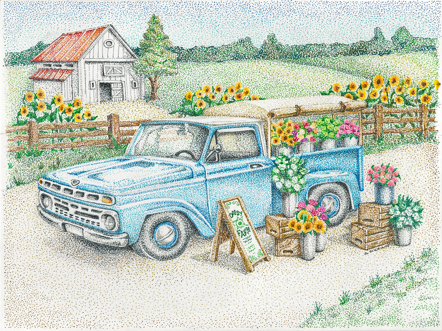 Flowers in a Blue Truck