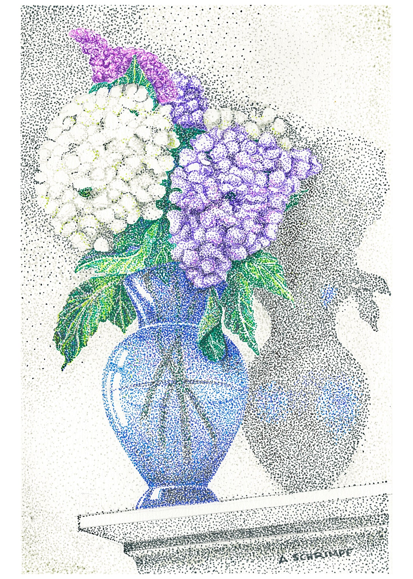 Blue Vase of Hydrangeas