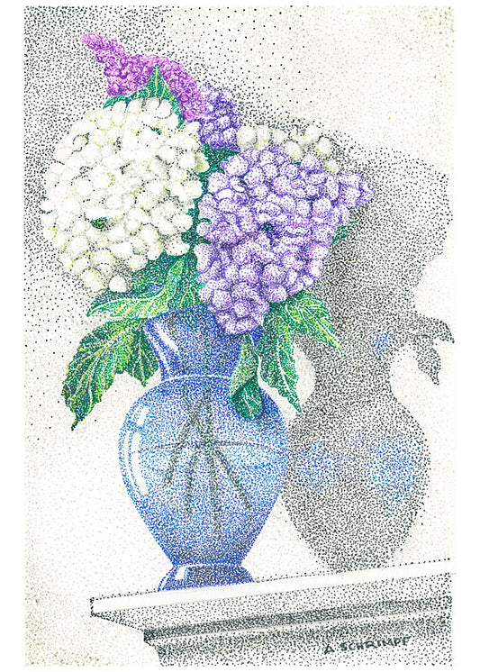 Blue Vase of Hydrangeas