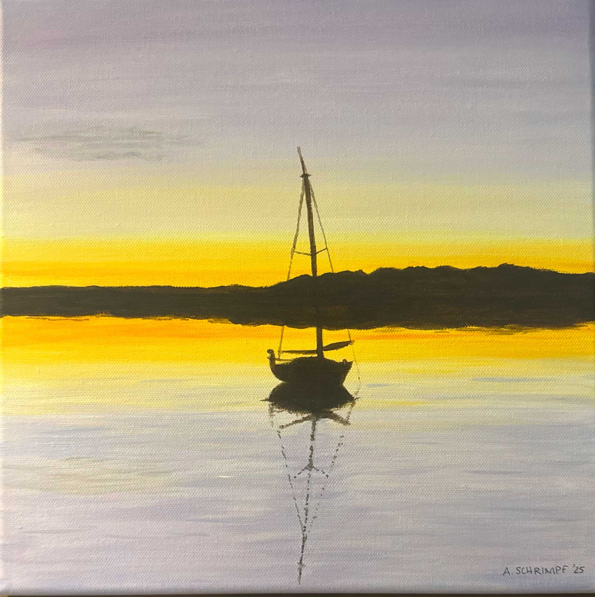 Sailboat silhouette at sunset with reflection on water